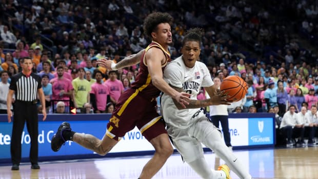 Penn State's Nick Kern Jr. drives to the basket against Minnesota in a Big Ten men's basketball game at the Bryce Jordan Center.